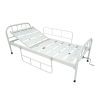 A white metal hospital bed with an adjustable headrest section