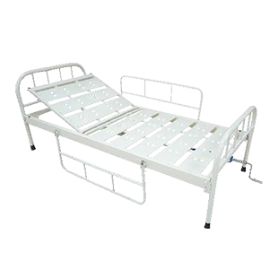 A white metal hospital bed with an adjustable headrest section