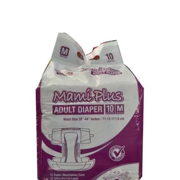 A pink and white package of Mammi Plus Diaper