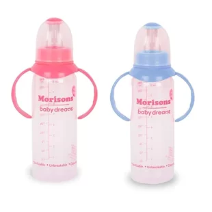 Rose and blue colour variations of the Morrisons Feeding Bottle