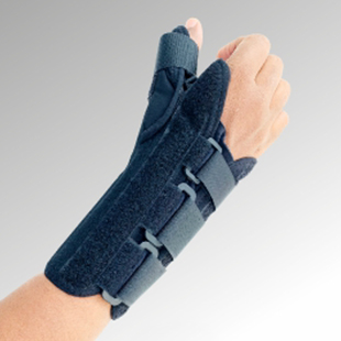 A person wearing a black wrist brace with thumb support