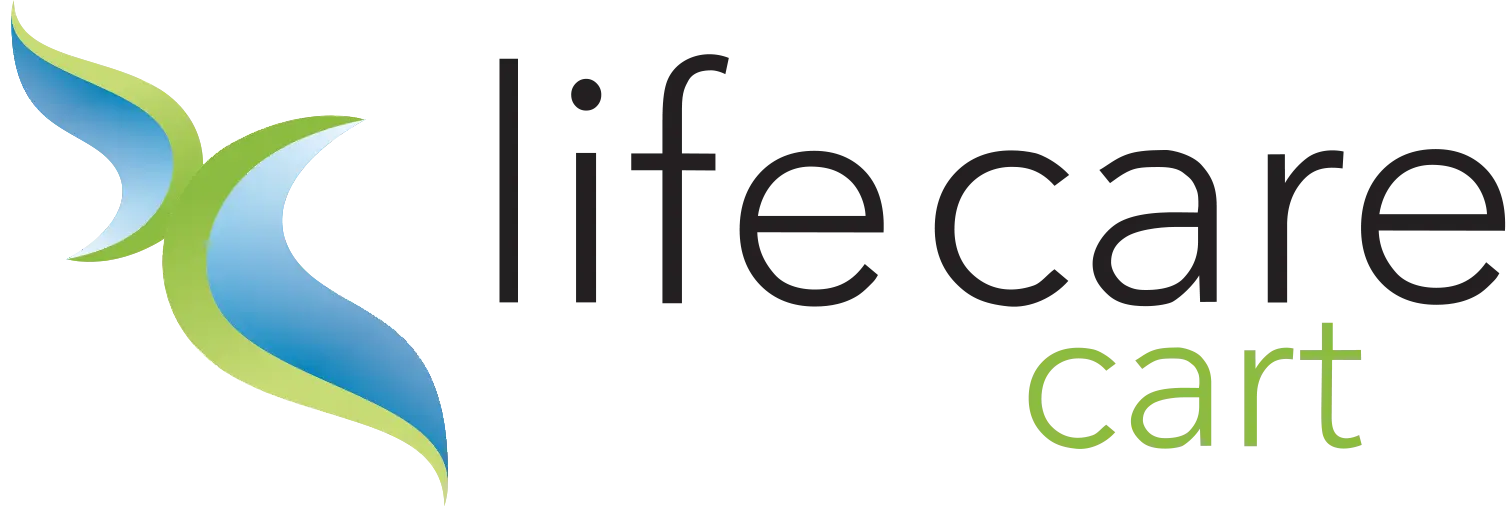 Blue and green coloured Life Care Cart logo and branding in a gray background